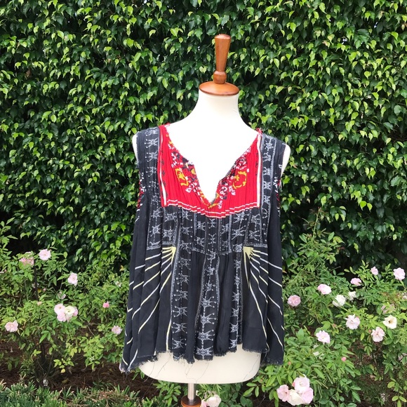 Free People Tops - Free People Black/Red Flowy Open-Back Blouse